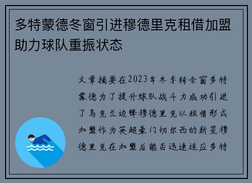 多特蒙德冬窗引进穆德里克租借加盟助力球队重振状态