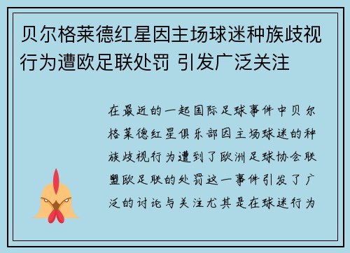 贝尔格莱德红星因主场球迷种族歧视行为遭欧足联处罚 引发广泛关注